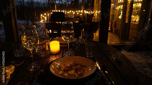 Romantic dinner setting outdoors at night with warm lighting and snowy background. photo