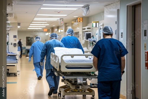 Three doctors transporting a hospital bed on wheels through a hospital hallway from behind