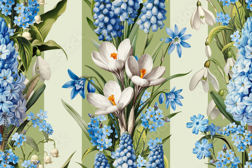 Seamless vector pattern with blue and white spring flowers isolated on a changeable background. Vintage painting style illustration.