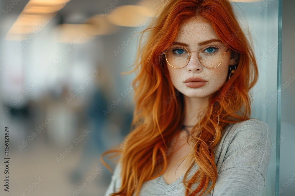 A confident redhead woman with glasses stands indoors, exuding a professional and poised demeanor in a softly lit modern setting. A confident redhead woman with glasses stands indoors, exuding a professional and poised demeanor in a softly lit modern setting.