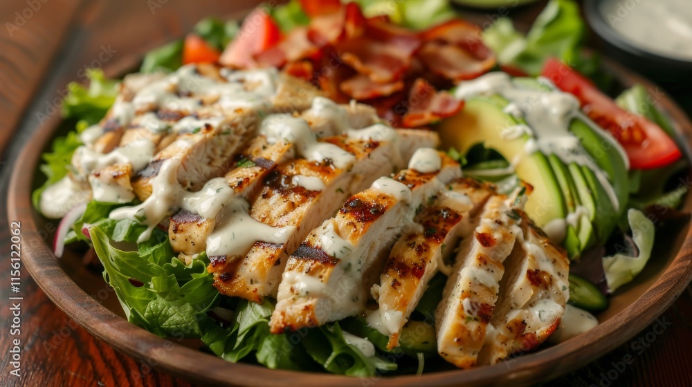Delicious grilled chicken salad with avocado and ranch dressing for a healthy meal Delicious grilled chicken salad with avocado and ranch dressing for a healthy meal