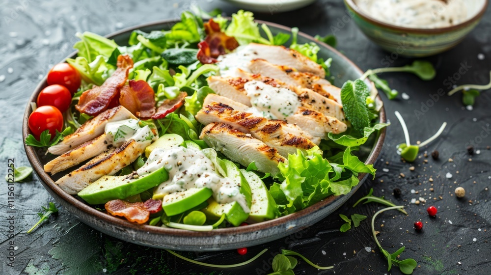 Fresh grilled chicken salad with avocado, cherry tomatoes, and creamy dressing Fresh grilled chicken salad with avocado, cherry tomatoes, and creamy dressing