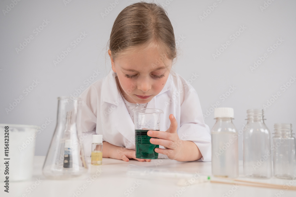 Caucasian girl doing chemical experiments on a white background. Caucasian girl doing chemical experiments on a white background.