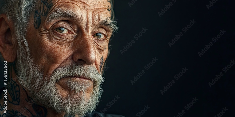 portrait of an old man with tattoos. on dark background portrait of an old man with tattoos. on dark background