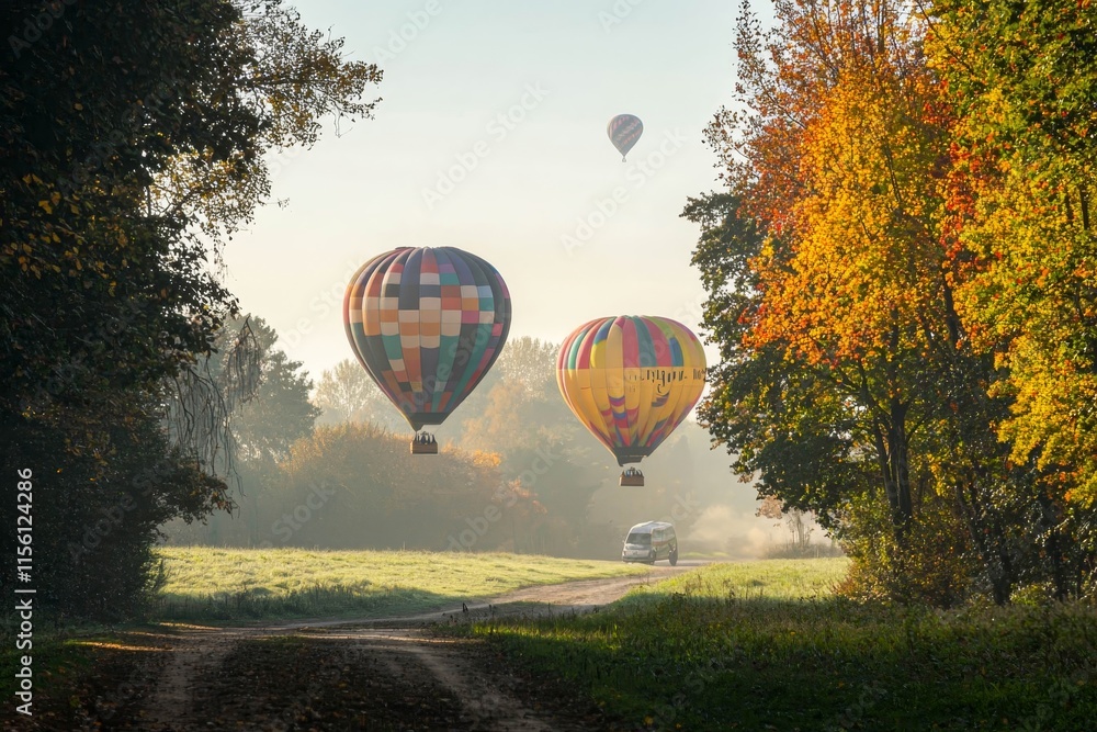 Obraz premium Brightly colored hot air balloons ascending into sky.
