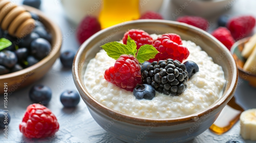 Fresh berry topped tapioca pudding with honey and mint leaves for a delicious breakfast Fresh berry topped tapioca pudding with honey and mint leaves for a delicious breakfast