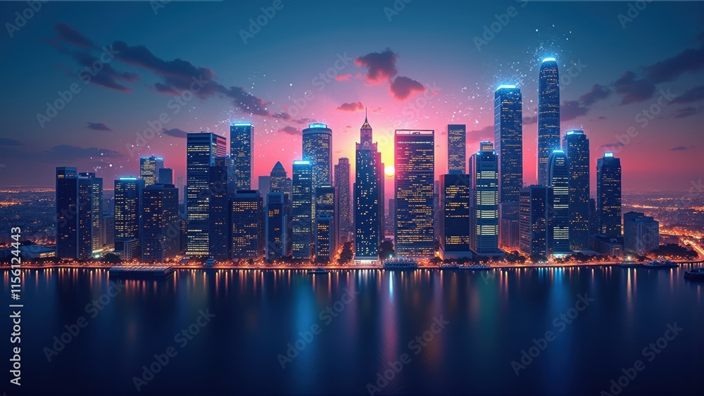 Stunning city skyline at twilight with vibrant colors reflecting on the water. Ideal for business, real estate, and urban development themes. Stunning city skyline at twilight with vibrant colors reflecting on the water. Ideal for business, real estate, and urban development themes.