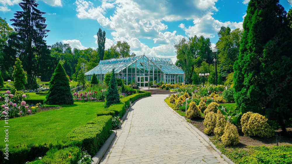 Fototapeta premium A beautiful botanical garden featuring a diverse array of exotic plants, a large glass greenhouse, and serene walking paths that invite exploration and relaxation in a lush, vibrant setting. 