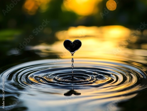 a heart-shaped object dropping into water creating concentric ripples, reflecting golden light, creating a magical and warm scene photo