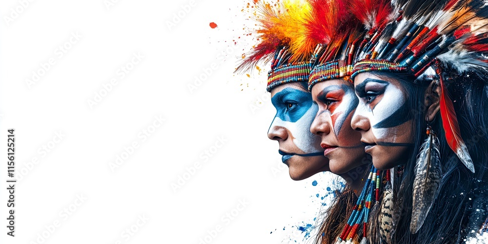 Group of native americans with colorful traditional makeup and feather headdress. to empty copy space right side. Group of native americans with colorful traditional makeup and feather headdress. to empty copy space right side.