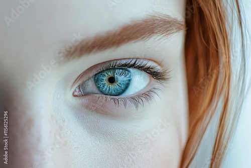 Close up photography of a blue woman s eye against a white background with excellent lighting photo