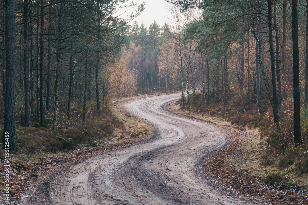 Fototapeta premium Empty winding road through autumnal forest landscape.