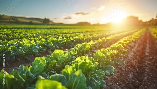 Vibrant Green Lettuce Field Sunset Agriculture Landscape Golden Hour photo