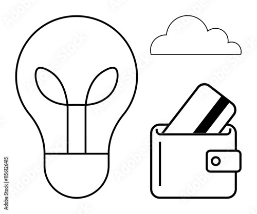 Lightbulb represents ideas, cloud symbolizes technology, wallet with credit card depicts finance and savings. Ideal for business concepts, tech startups, financial planning, cloud computing