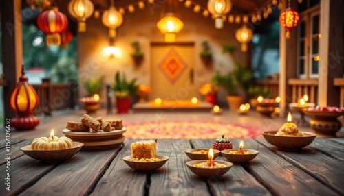 Indian sweets arranged beautifully on rustic wooden deck. Warm lighting from candles, lanterns creates festive ambiance. Rangoli at entrance of house adds to celebration. Perfect for Diwali holiday photo