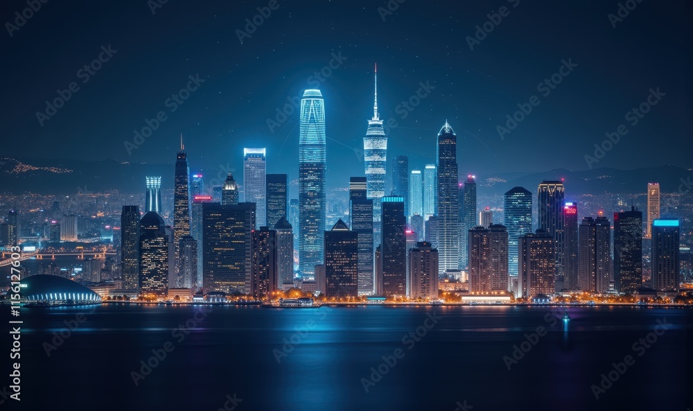 A stunning nighttime skyline featuring illuminated skyscrapers, showcasing urban beauty and modern architecture. A stunning nighttime skyline featuring illuminated skyscrapers, showcasing urban beauty and modern architecture.