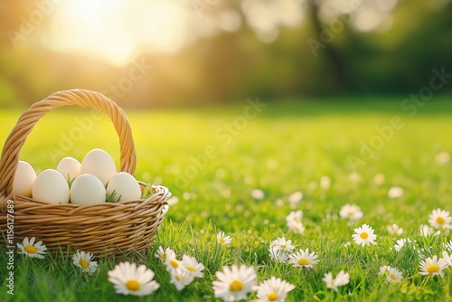 A tranquil Easter scene features a woven basket of white eggs in lush grass, lit by golden sunlight and surrounded by blooming daisies, evoking feelings of renewal, joy, and the holidays essence photo