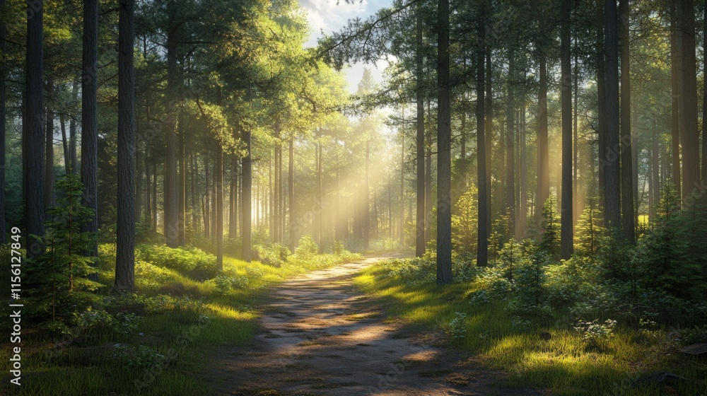 Fototapeta premium Serene Forest Path with Bright Sunlight and Modern Touches