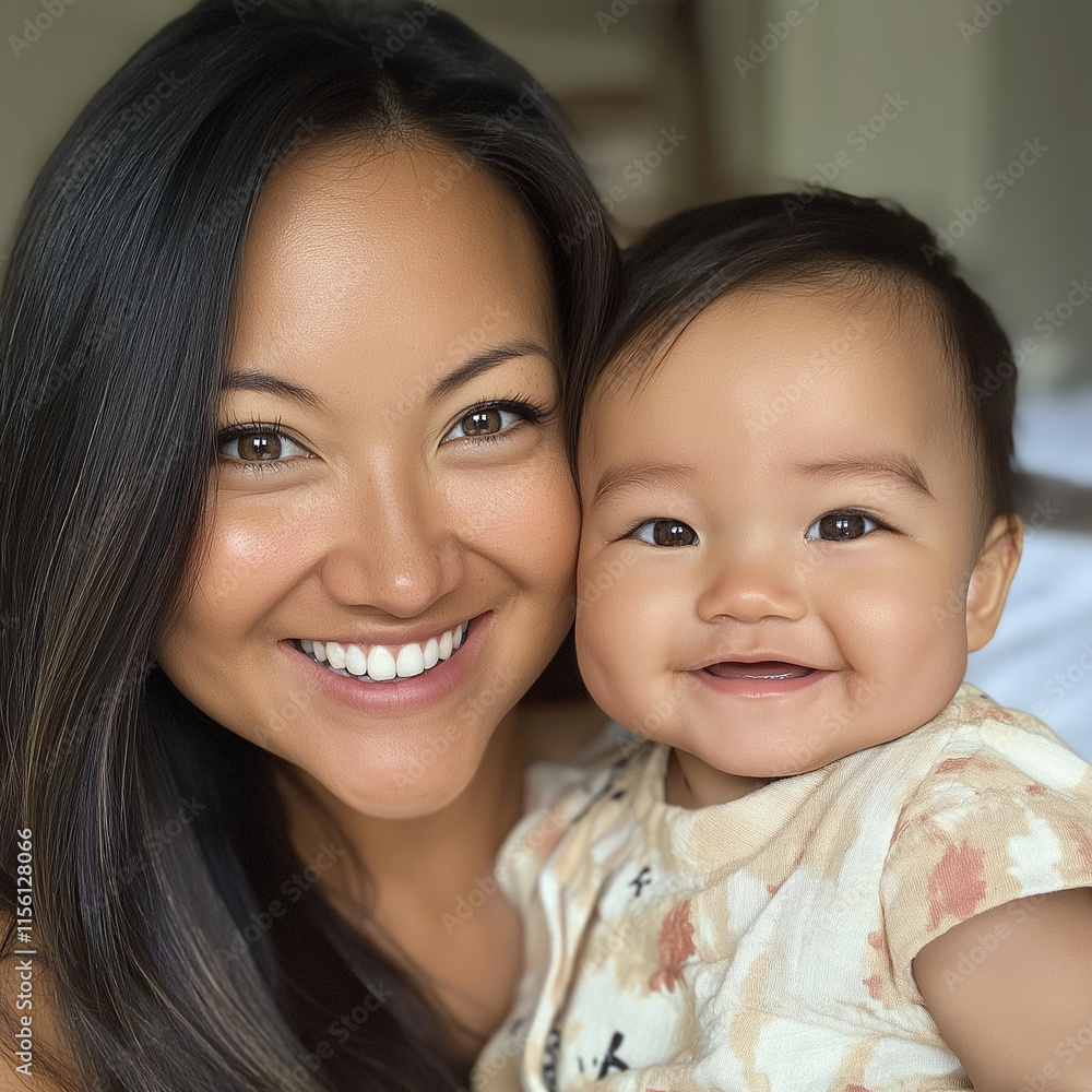 Joyful mother smiling happily with her baby in a cozy indoor setting, vibrant family moment Joyful mother smiling happily with her baby in a cozy indoor setting, vibrant family moment
