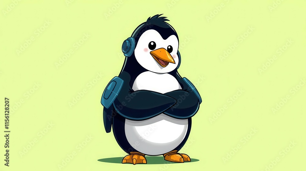 Obraz premium Cute cartoon penguin with arms crossed on green background, playful and charming for designs.