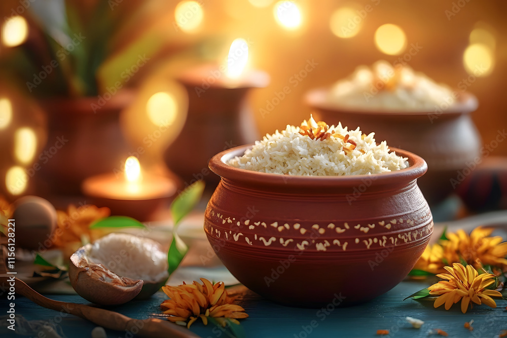 Earthen clay pots filled with creamy Pongal rice, surrounded by traditional decor and soft lighting, capturing the joy and warmth of South Indian harvest celebrations. Earthen clay pots filled with creamy Pongal rice, surrounded by traditional decor and soft lighting, capturing the joy and warmth of South Indian harvest celebrations.