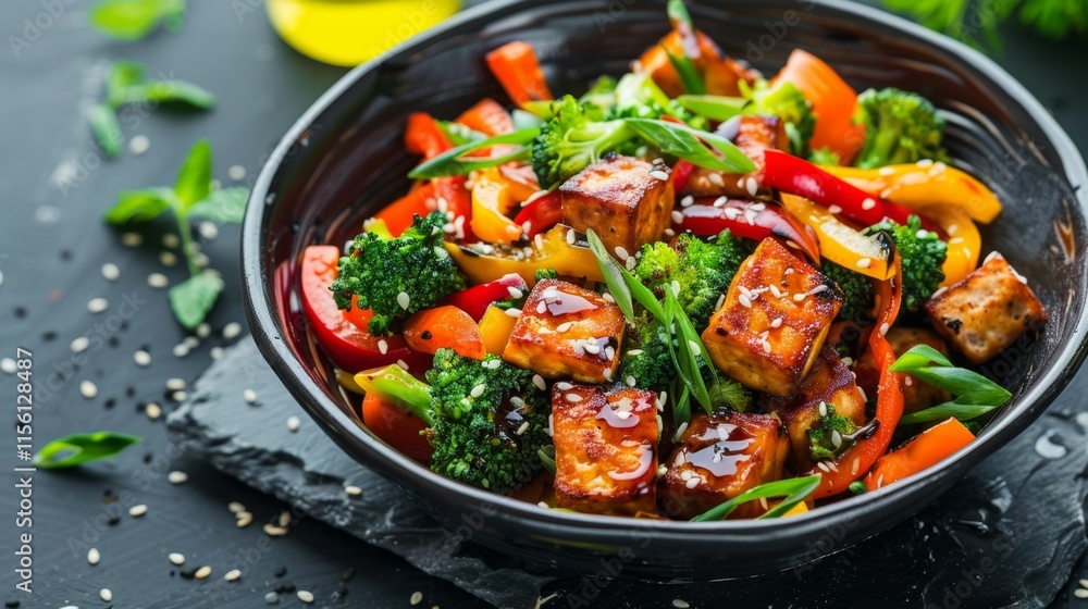 Vibrant bowl of stir-fried vegetables and tofu with fresh herbs and sesame seeds Vibrant bowl of stir-fried vegetables and tofu with fresh herbs and sesame seeds