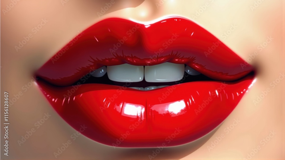 Obraz premium Close-up of luscious red lips, exuding glamour and allure, perfect for beauty, fashion, or advertising campaigns focused on cosmetics and lifestyle.