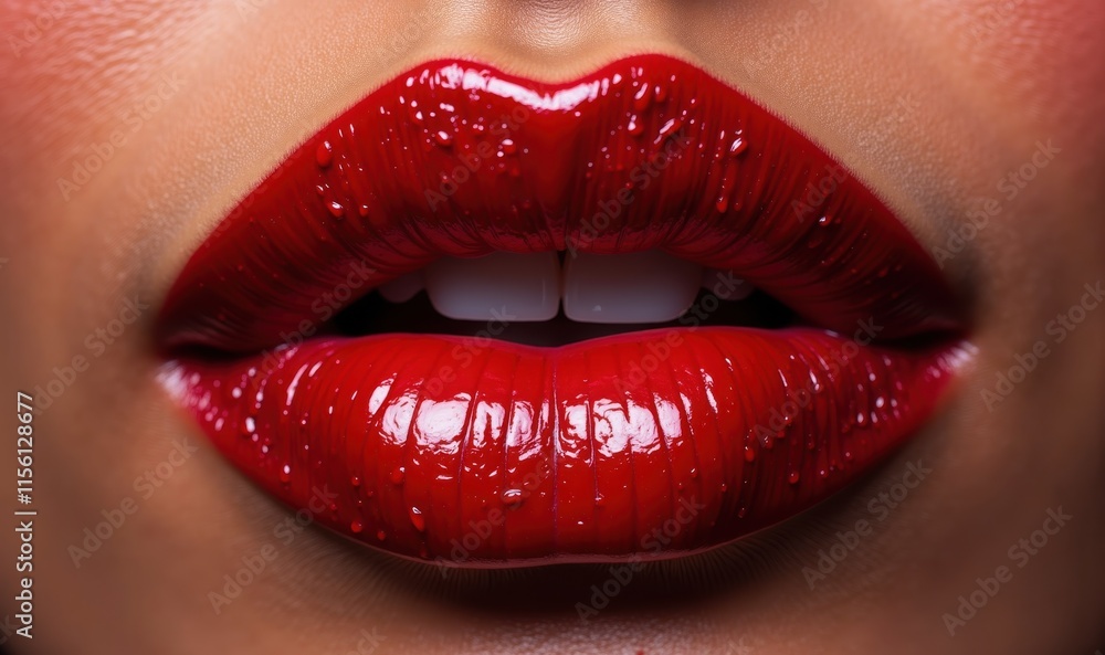 Obraz premium Close-up of glossy red lips, perfect for beauty, cosmetics, and makeup advertising. An enticing image showcasing vibrant color and glamour.
