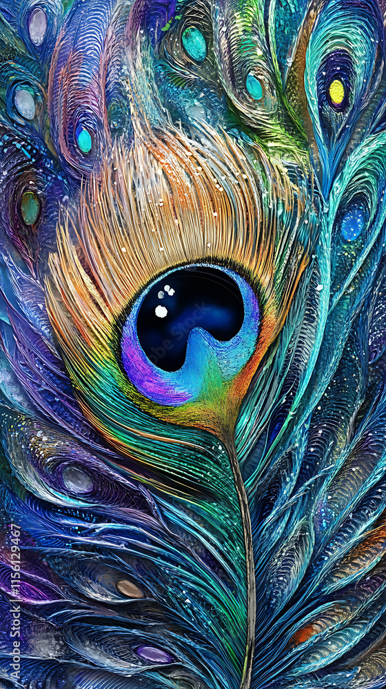 Fototapeta premium A highly detailed and artistic depiction of a feather with shimmering hues of blue and green. The intricate textures and vibrant gradients bring the feather to life