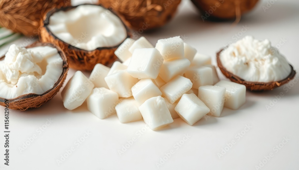 Pristine white coconut oil cubes displayed on white surface with halved coconuts. Natural, organic ingredient for cooking baking, skincare. Healthy fat source for vegan, vegetarian diets. Tropical Pristine white coconut oil cubes displayed on white surface with halved coconuts. Natural, organic ingredient for cooking baking, skincare. Healthy fat source for vegan, vegetarian diets. Tropical