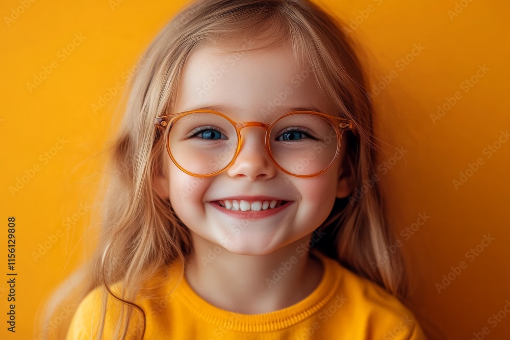 A joyful little girl with glasses smiles warmly, her hair and attire perfectly complementing a bright yellow backdrop. Her expression radiates pure happiness and innocence. A joyful little girl with glasses smiles warmly, her hair and attire perfectly complementing a bright yellow backdrop. Her expression radiates pure happiness and innocence.