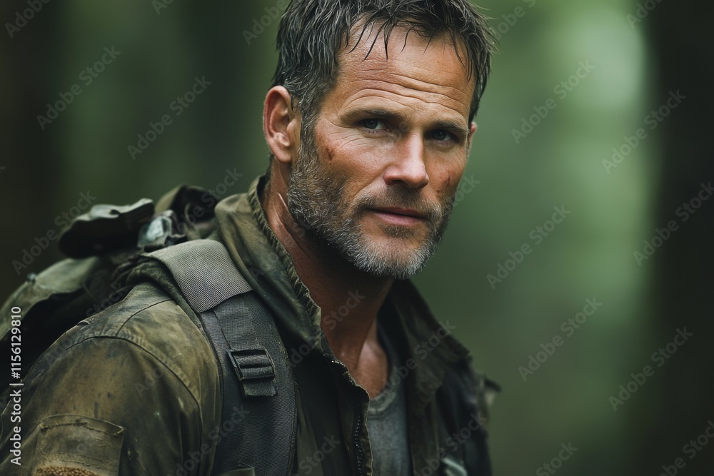 A rugged man with a backpack looks cautiously amidst dense forest greenery. His intense expression highlights an adventurous and resilient spirit in nature's embrace. A rugged man with a backpack looks cautiously amidst dense forest greenery. His intense expression highlights an adventurous and resilient spirit in nature's embrace.