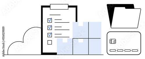 Clipboard with checklist, cloud, shipping boxes, folder, and credit card represents organized inventory management. Ideal for logistics, ecommerce, office management, finance productivity business