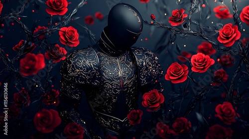 A knight dressed in ornate black armor stands amidst blooming red roses with thorny vines, set in a mysterious gothic environment underscoring strength and beauty. photo