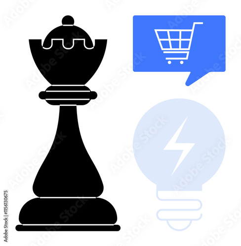 Black chess rook beside blue shopping cart dialog box with lightning bolt light bulb. Ideal for strategy, e-commerce, innovation, online shopping, business planning, retail, creative thinking. Line