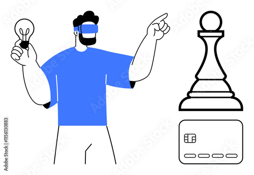 Man wearing VR headset holding lightbulb, pointing at chess piece and credit card. Ideal for technology, innovation, strategy, finance, gaming, virtual reality and education themes. Line metaphor