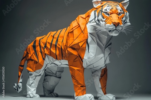 A realistic, geometric origami tiger strikingly crafted from paper, showcasing intricate folding techniques and vibrant orange and white hues against a plain backdrop.