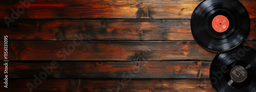 Vintage vinyl records on a rustic wood panel table background banner