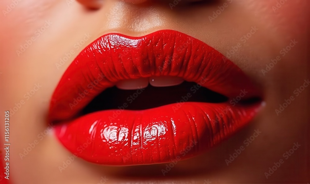 Fototapeta premium Close-up of a woman's lips adorned with glossy red lipstick, perfect for beauty, cosmetics, and fashion industries.