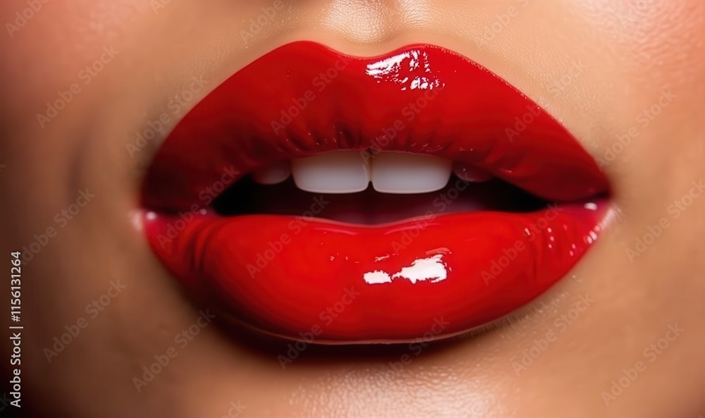 Obraz premium Close-up of perfectly styled red lips, showcasing a glossy finish and white teeth, ideal for beauty, fashion, and lipstick advertising.