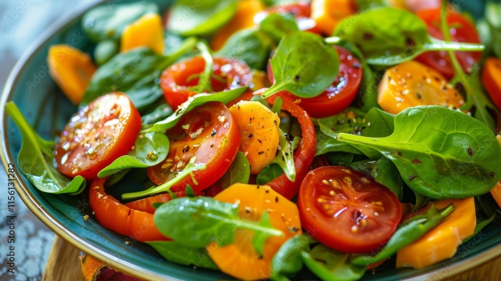Fresh summer tomato and spinach salad with peppers for healthy diet and culinary inspiration Fresh summer tomato and spinach salad with peppers for healthy diet and culinary inspiration