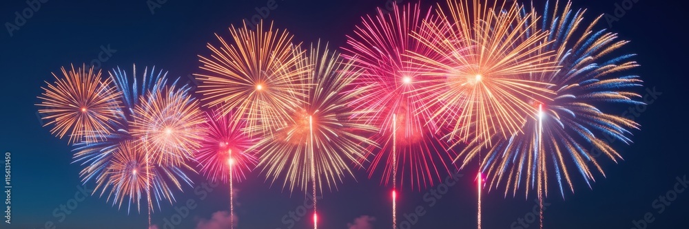 Fototapeta premium Vibrant fireworks explode in a night sky, creating a stunning display of color and light, perfect for celebrating special occasions and events.