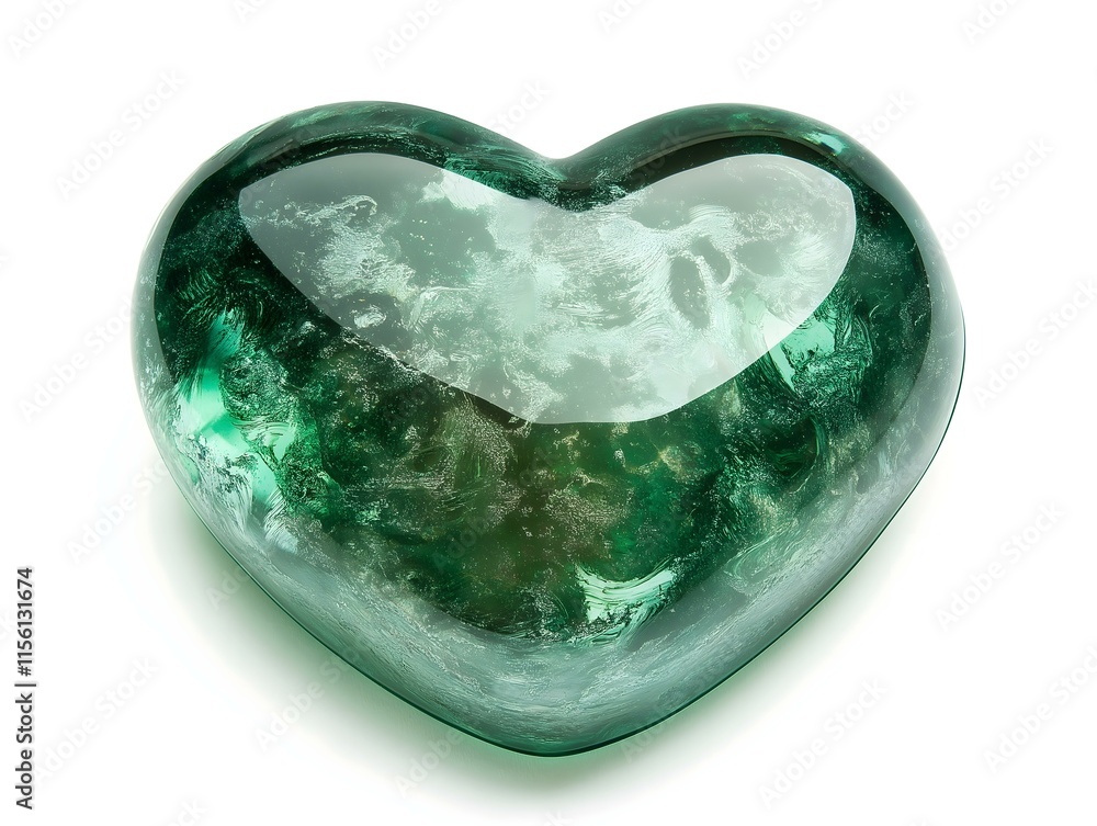 a heart-shaped green gemstone with subtle internal patterns, isolated on a white background, creating a sophisticated and elegant image ideal for jewelry design a heart-shaped green gemstone with subtle internal patterns, isolated on a white background, creating a sophisticated and elegant image ideal for jewelry design