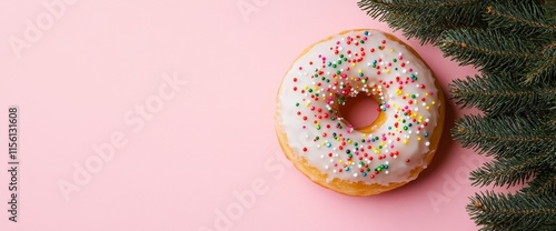 A festive Christmas toy donut topped with sugar sprinkles swaying from a Christmas tree branch, displayed in banner form. photo