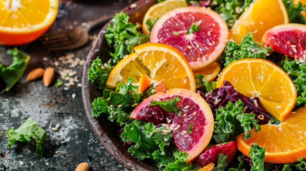 Fresh citrus kale salad with blood orange and mixed greens for a vibrant healthy meal Fresh citrus kale salad with blood orange and mixed greens for a vibrant healthy meal