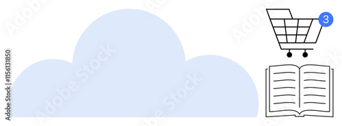 Cloud icon with shopping cart notification and open book. Ideal for e-commerce, online learning, digital libraries, cloud services, shopping, data storage, educational technology. Line metaphor
