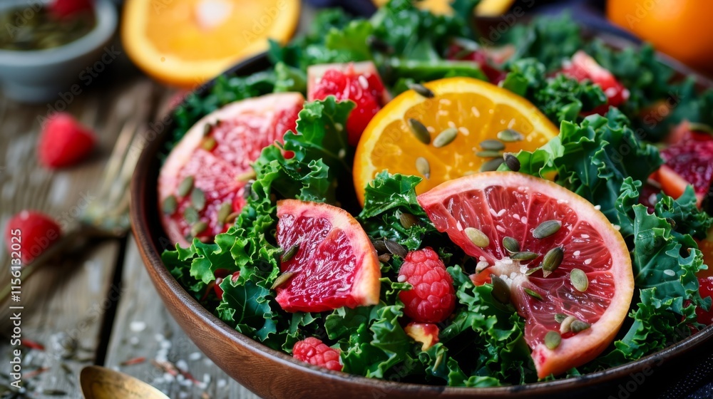 Vibrant kale and citrus salad with fresh raspberries and seeds Vibrant kale and citrus salad with fresh raspberries and seeds