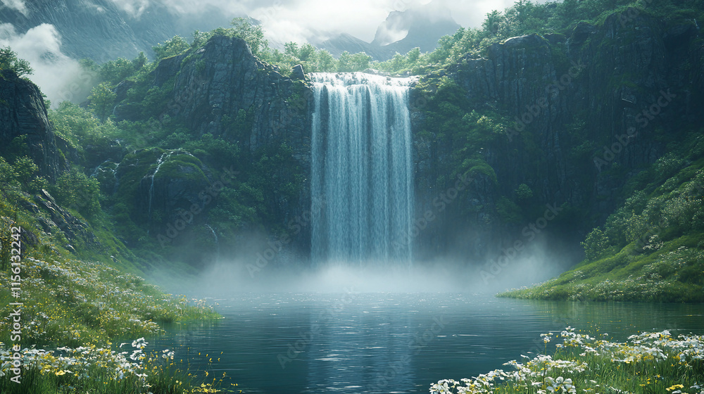 Fototapeta premium landscape in the morning, waterfall in the mountains