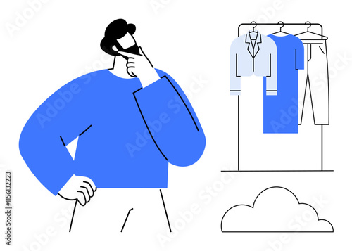 Man with hand on chin thinking, standing next to clothes rack with shirt and pants. Ideal for fashion, decision making, shopping, retail, lifestyle, wardrobe choices personal style. Line metaphor