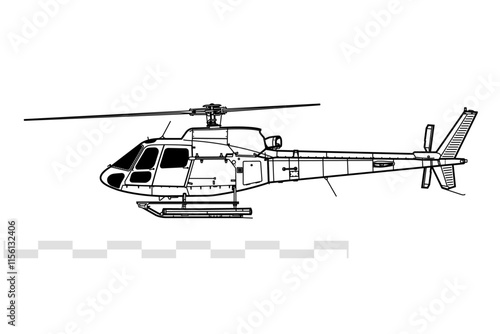 Airbus Helicopters H125. Eurocopter AS350 Ecureuil. Vector drawing of light utility helicopter. Side view. Image for illustration and infographics.